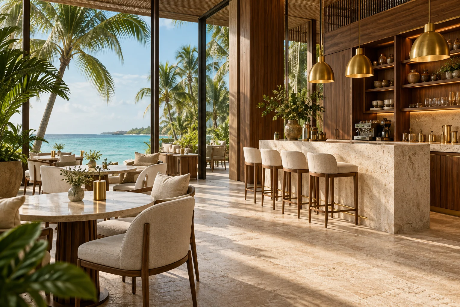 AI-generated tropical interior concept with walnut cabinetry, stone finishes and brass details