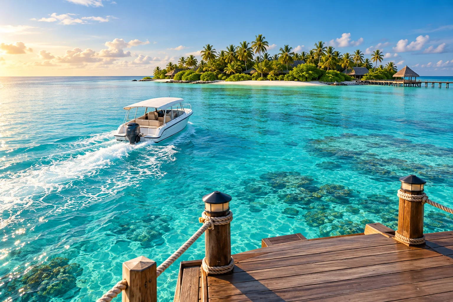 AI-generated island-transfer concept with a speedboat crossing a turquoise lagoon